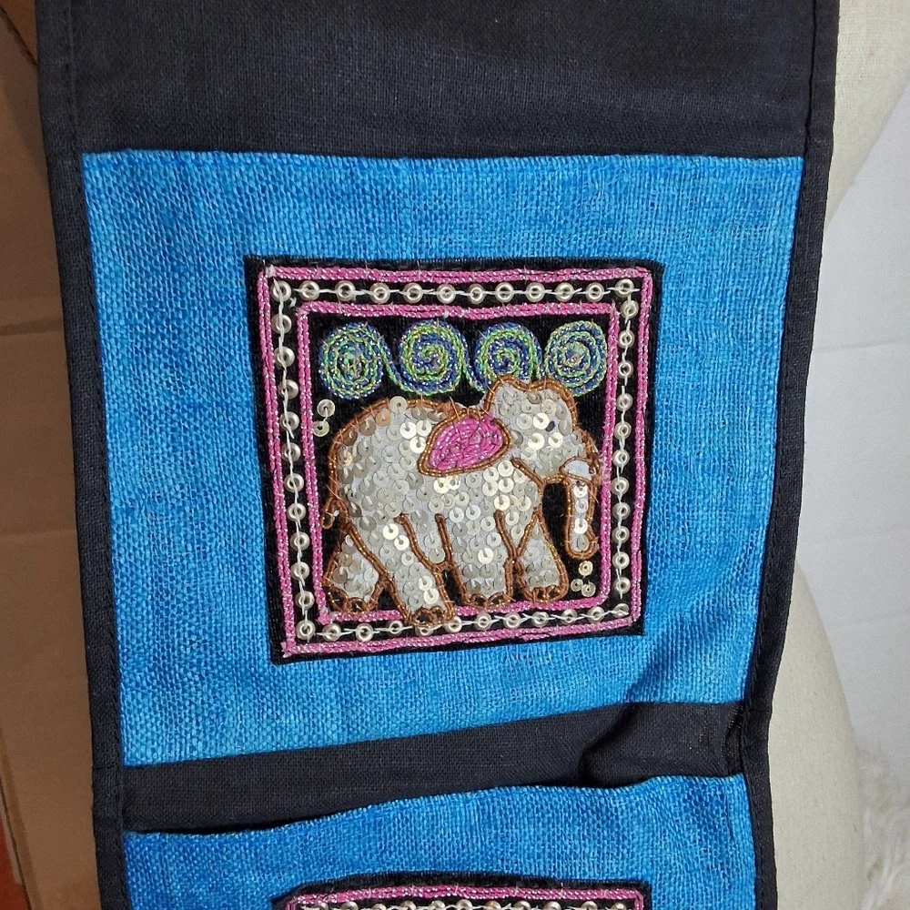 Boho Wall Hanging Embroidered Elephant Textile Art Blue Bohemian Decor